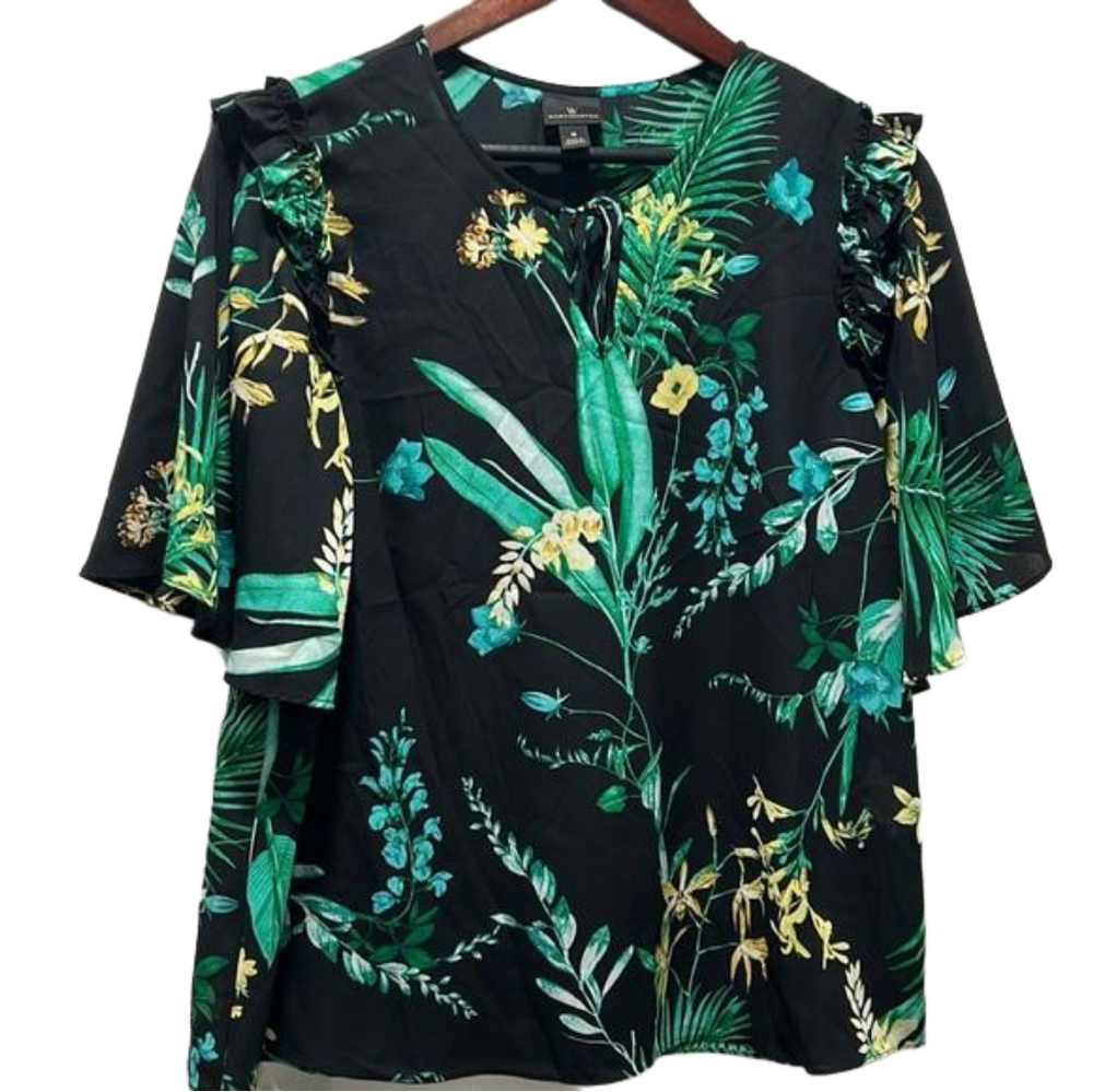 Worthington green&black with forest flowers design blouse size M GUC…